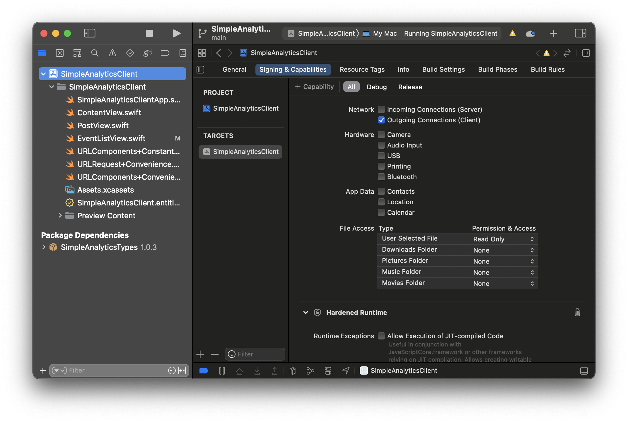 screen shot of Signing & Capabilities tab of XCode Project Settings