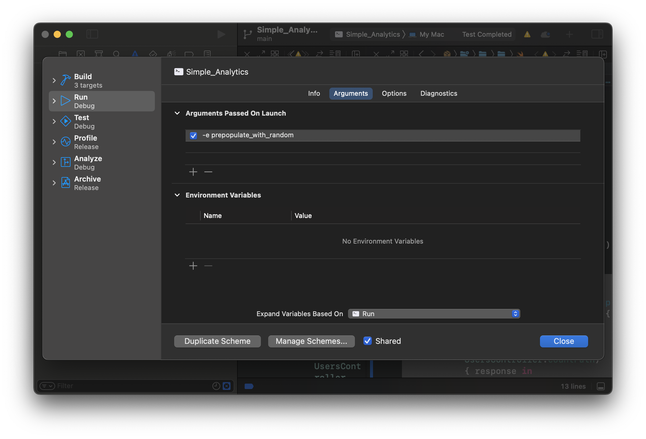 screen shot of scheme editor showing custom environment argument